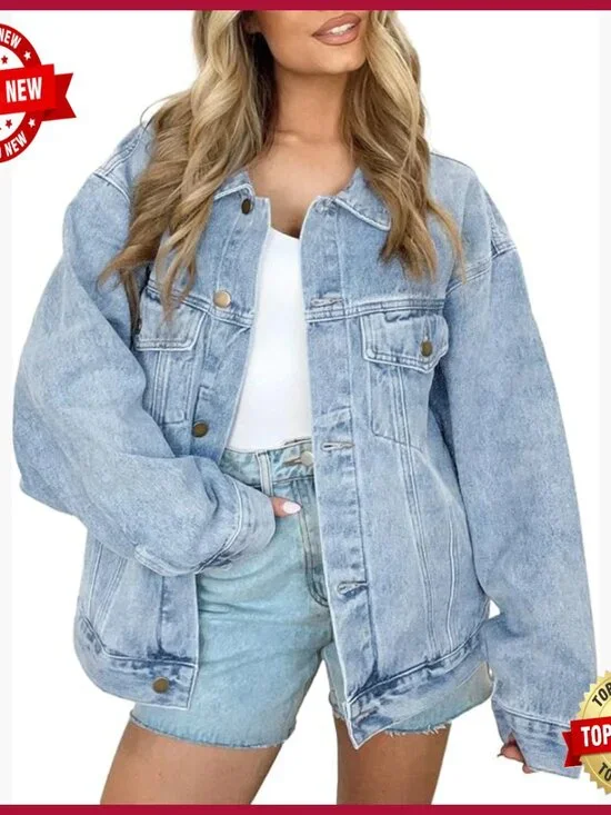 Oversized Denim Jacket, Boyfriend Fit, Cotton, Distressed Details, Chest Pockets - Picture 1 of 5